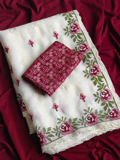 Whimsical Off White Embroidery Work Crush Chiffon Silk Saree With Blissful Blouse Piece