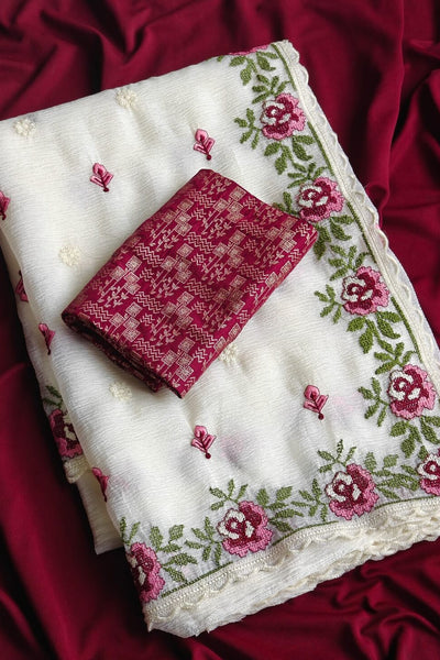 Whimsical Off White Embroidery Work Crush Chiffon Silk Saree With Blissful Blouse Piece