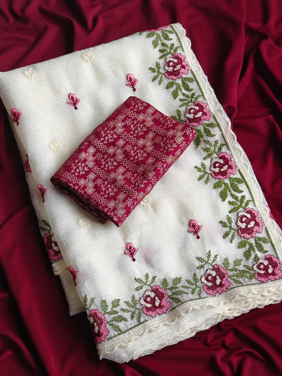 Whimsical Off White Embroidery Work Crush Chiffon Silk Saree With Blissful Blouse Piece