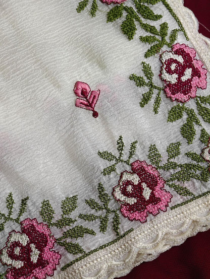 Whimsical Off White Embroidery Work Crush Chiffon Silk Saree With Blissful Blouse Piece