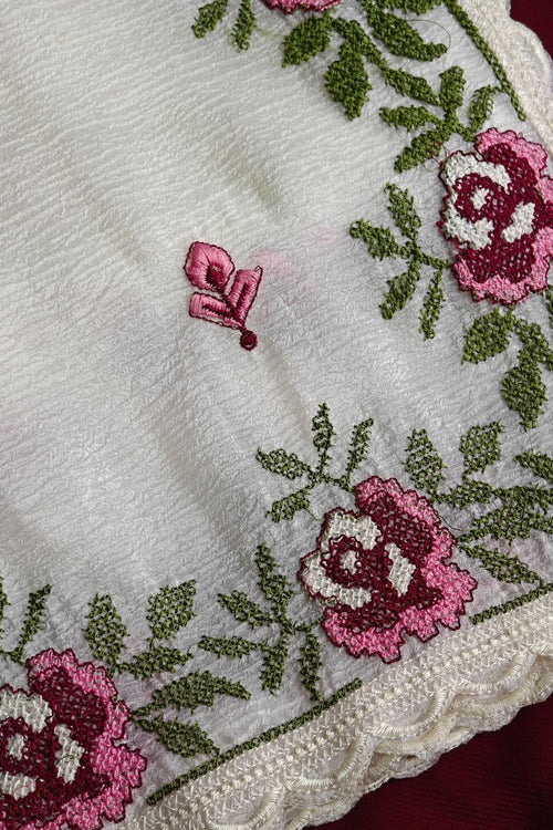 Load image into Gallery viewer, Whimsical Off White Embroidery Work Crush Chiffon Silk Saree With Blissful Blouse Piece
