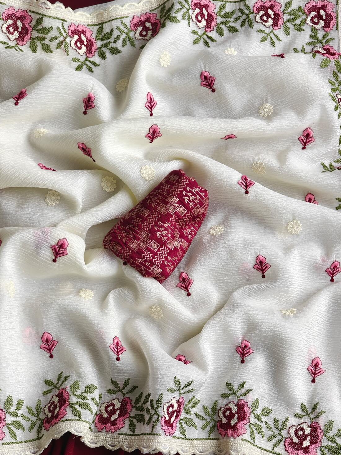 Whimsical Off White Embroidery Work Crush Chiffon Silk Saree With Blissful Blouse Piece