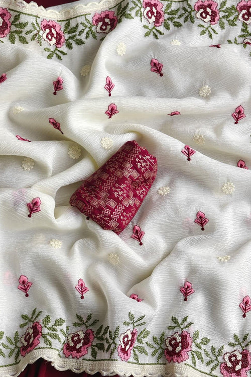 Load image into Gallery viewer, Whimsical Off White Embroidery Work Crush Chiffon Silk Saree With Blissful Blouse Piece
