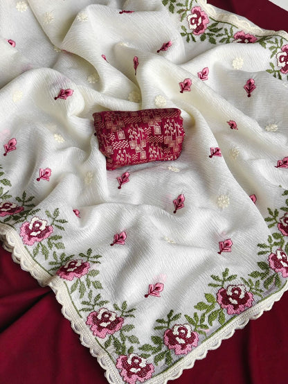 Whimsical Off White Embroidery Work Crush Chiffon Silk Saree With Blissful Blouse Piece