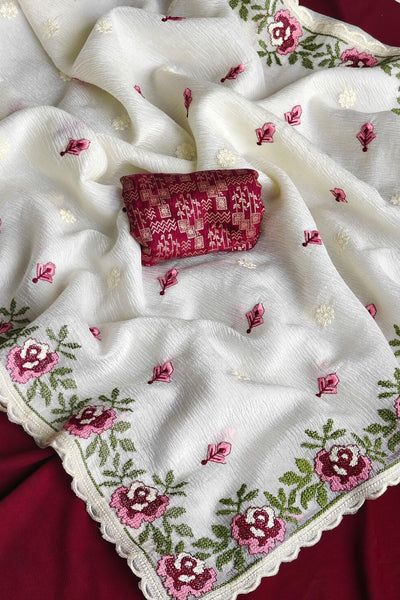 Whimsical Off White Embroidery Work Crush Chiffon Silk Saree With Blissful Blouse Piece