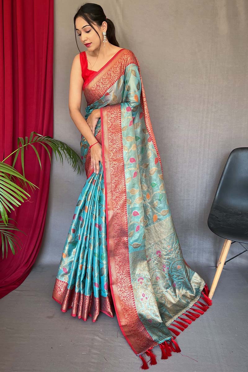 Breathtaking Firozi Soft Banarasi Silk Saree With Surpassing Blouse Piece