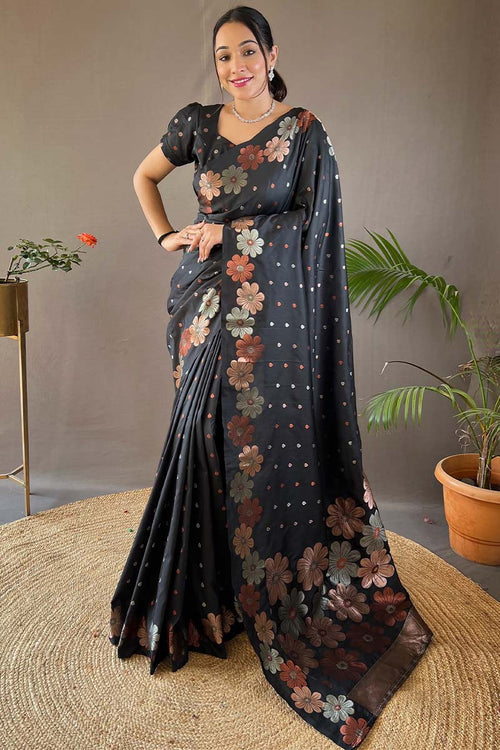 Load image into Gallery viewer, Trendy Black Soft Banarasi Silk Saree With Flattering Blouse Piece
