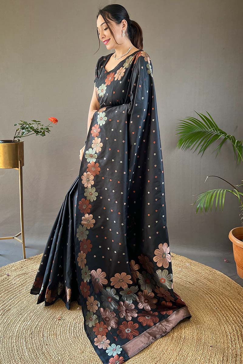 Trendy Black Soft Banarasi Silk Saree With Flattering Blouse Piece