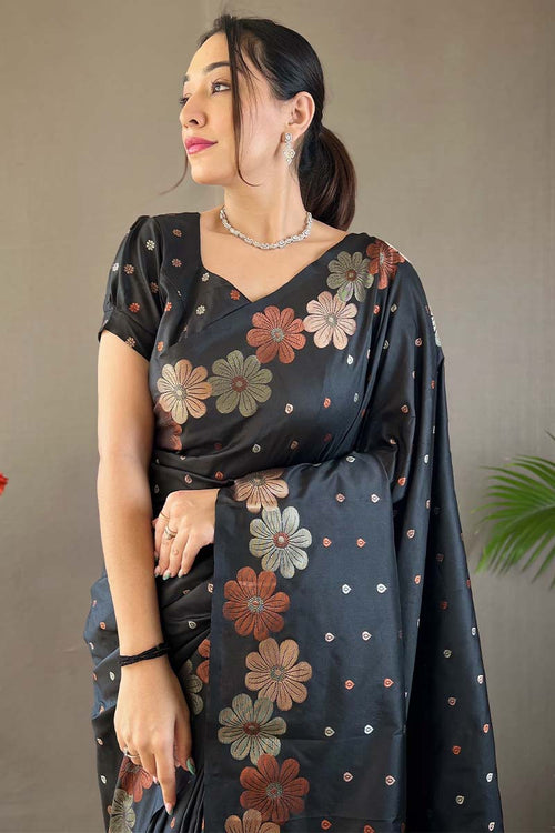 Load image into Gallery viewer, Trendy Black Soft Banarasi Silk Saree With Flattering Blouse Piece
