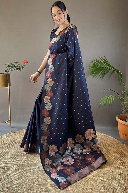 Load image into Gallery viewer, Deserving Navy Blue Soft Banarasi Silk Saree With Intricate Blouse Piece
