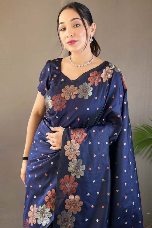 Load image into Gallery viewer, Deserving Navy Blue Soft Banarasi Silk Saree With Intricate Blouse Piece
