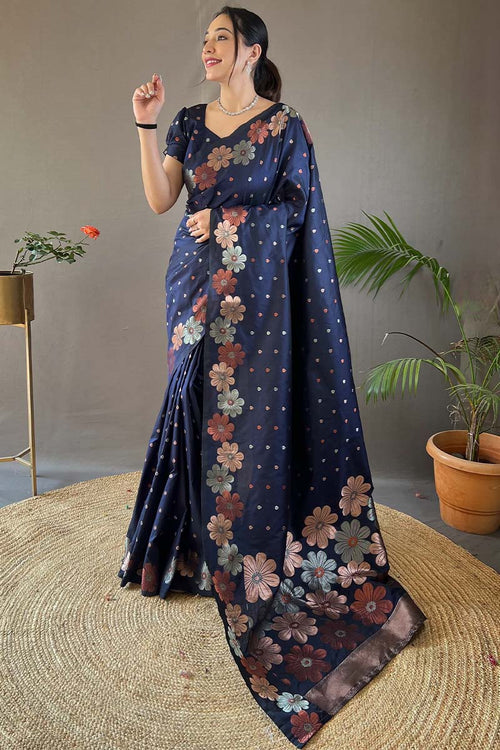 Load image into Gallery viewer, Deserving Navy Blue Soft Banarasi Silk Saree With Intricate Blouse Piece
