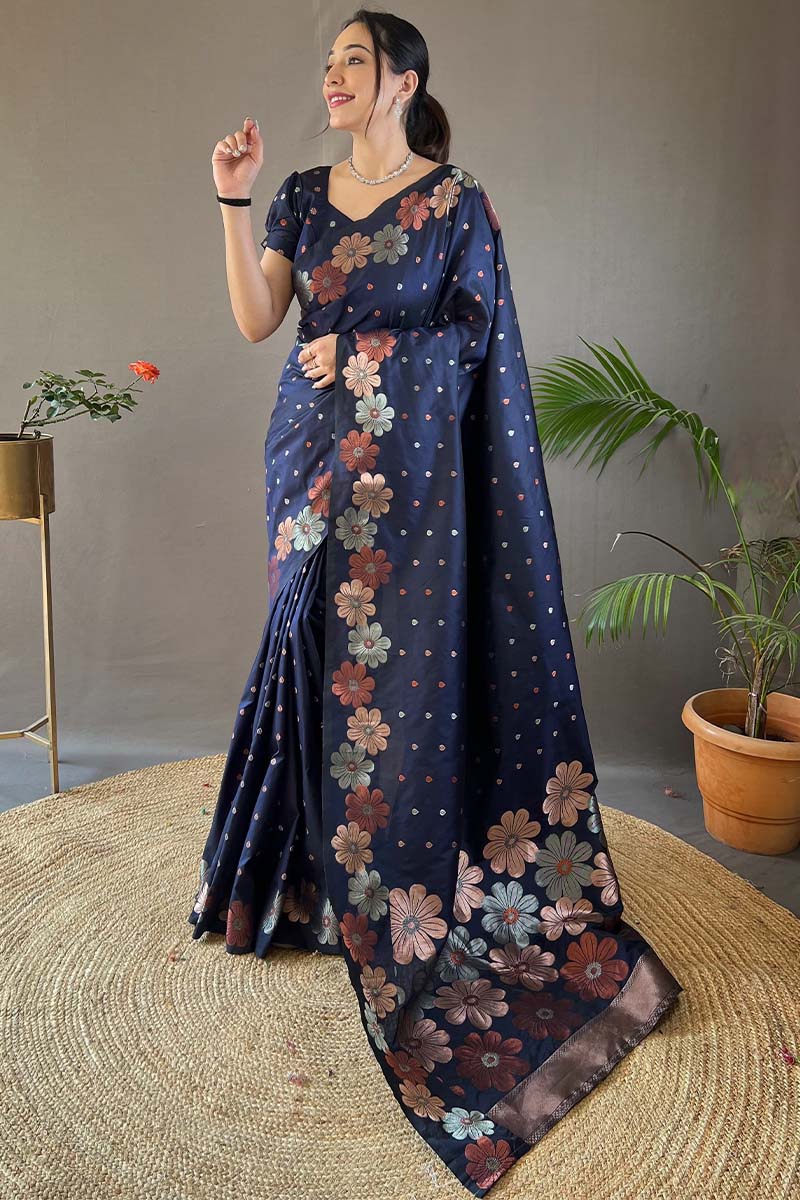 Deserving Navy Blue Soft Banarasi Silk Saree With Intricate Blouse Piece