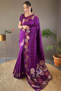 Blooming Purple Soft Banarasi Silk Saree With Hypnotic Blouse Piece