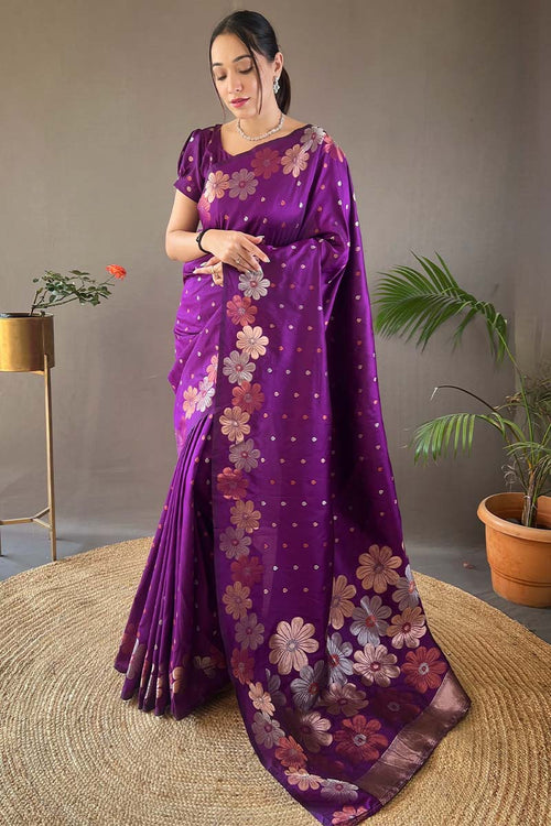 Load image into Gallery viewer, Blooming Purple Soft Banarasi Silk Saree With Hypnotic Blouse Piece
