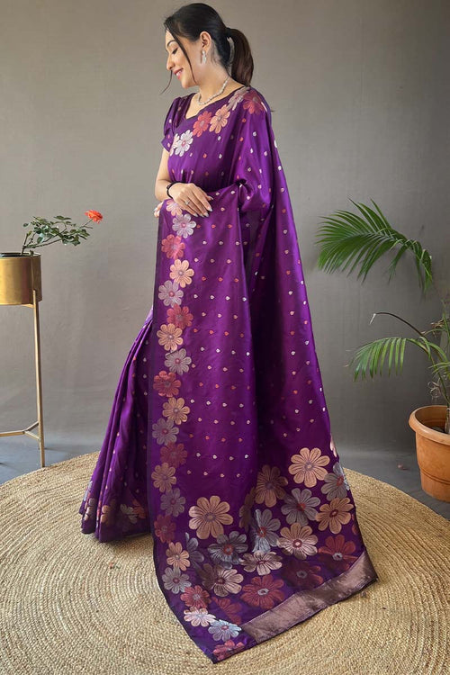 Load image into Gallery viewer, Blooming Purple Soft Banarasi Silk Saree With Hypnotic Blouse Piece
