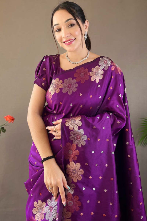 Load image into Gallery viewer, Blooming Purple Soft Banarasi Silk Saree With Hypnotic Blouse Piece
