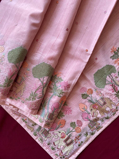Unequalled Baby Pink Embroidery Work Tussar Silk Saree With Dalliance Blouse Piece