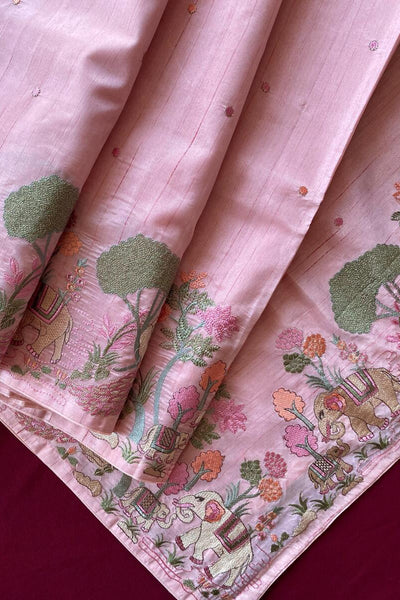 Unequalled Baby Pink Embroidery Work Tussar Silk Saree With Dalliance Blouse Piece