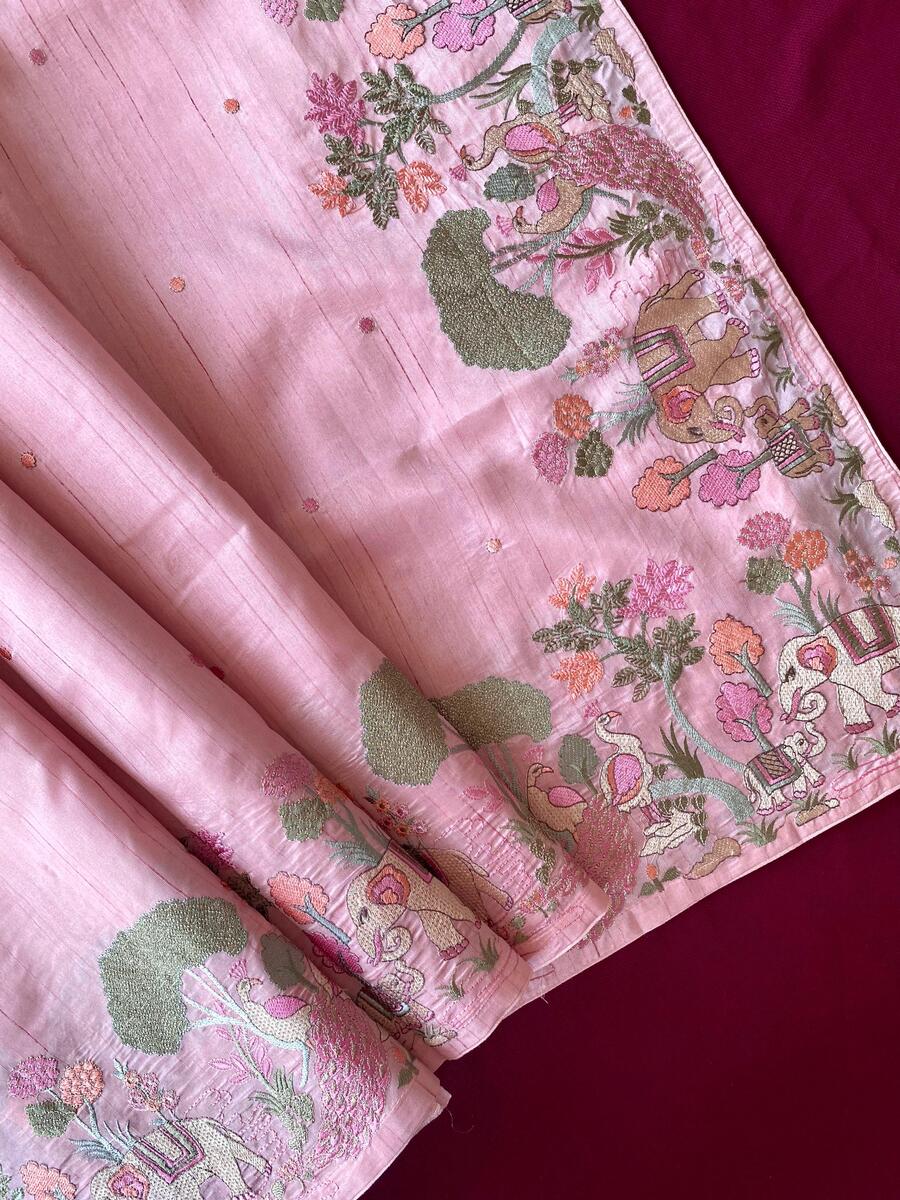 Unequalled Baby Pink Embroidery Work Tussar Silk Saree With Dalliance Blouse Piece