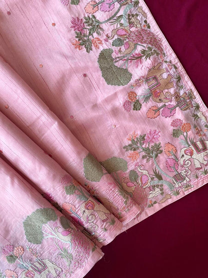 Unequalled Baby Pink Embroidery Work Tussar Silk Saree With Dalliance Blouse Piece