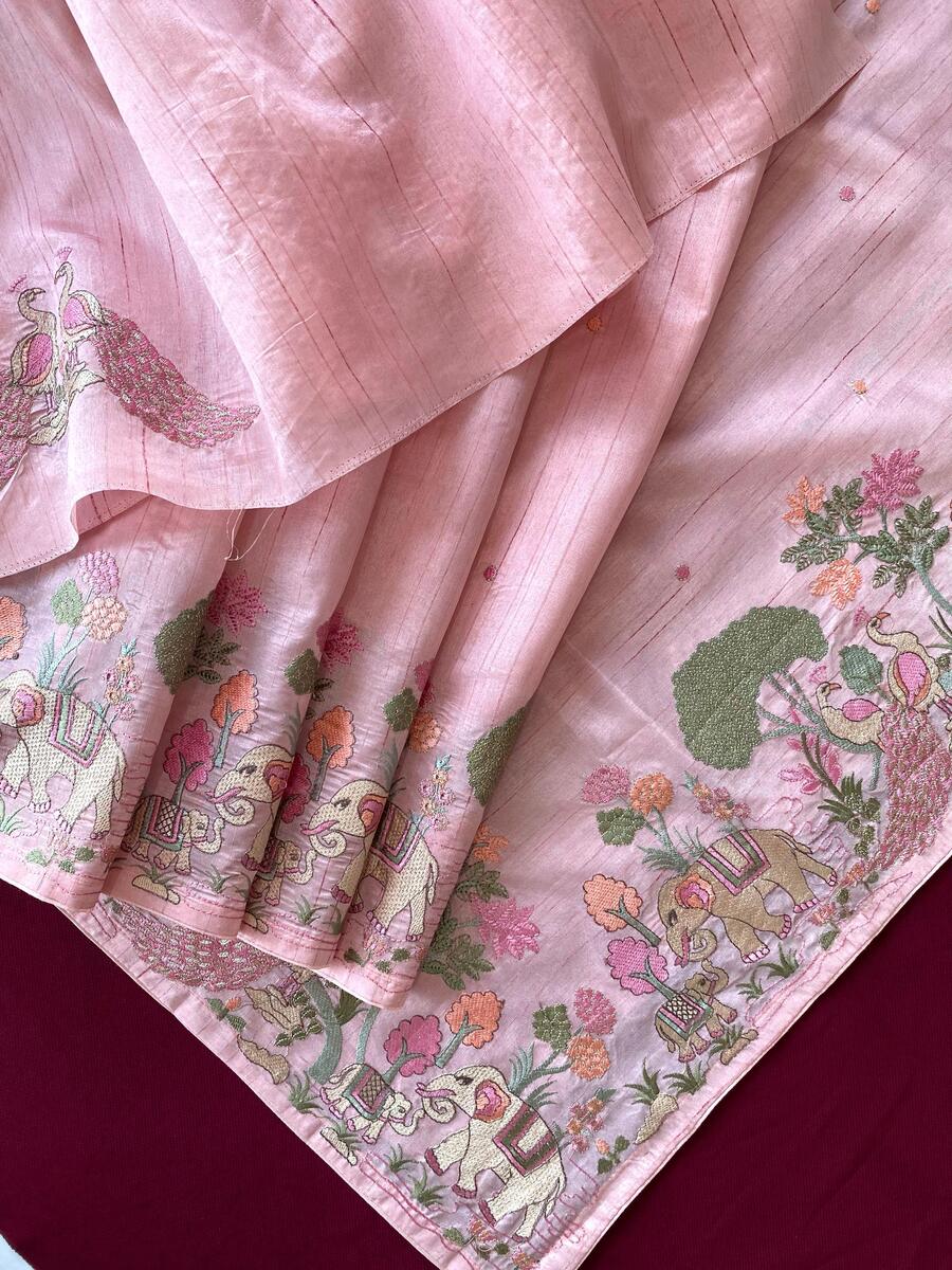 Unequalled Baby Pink Embroidery Work Tussar Silk Saree With Dalliance Blouse Piece