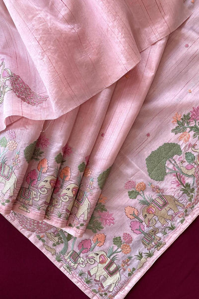 Unequalled Baby Pink Embroidery Work Tussar Silk Saree With Dalliance Blouse Piece