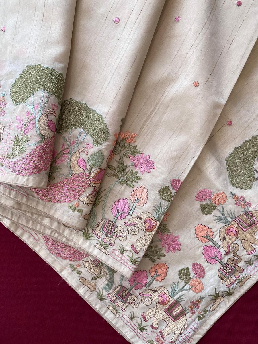 Woebegone Beige Embroidery Work Tussar Silk Saree With Unequalled Blouse Piece