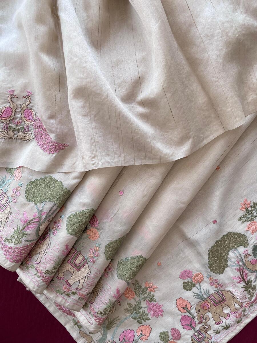 Woebegone Beige Embroidery Work Tussar Silk Saree With Unequalled Blouse Piece