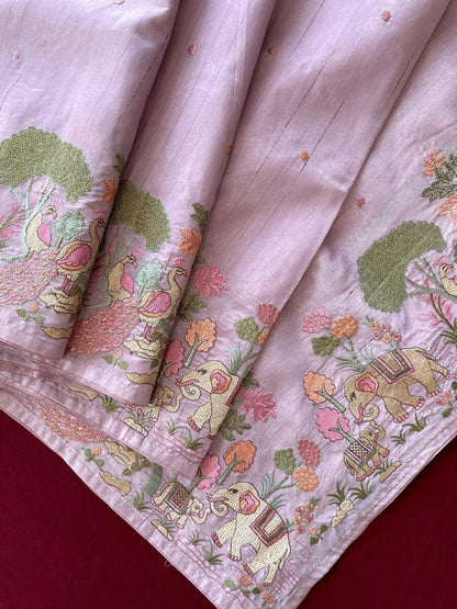 Enchanting Lavender Embroidery Work Tussar Silk Saree With Petrichor Blouse Piece