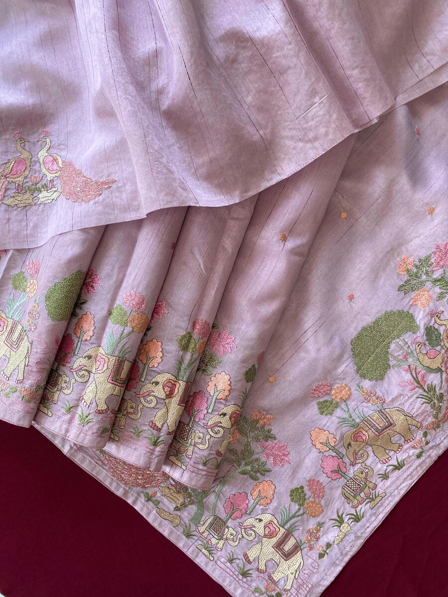 Enchanting Lavender Embroidery Work Tussar Silk Saree With Petrichor Blouse Piece
