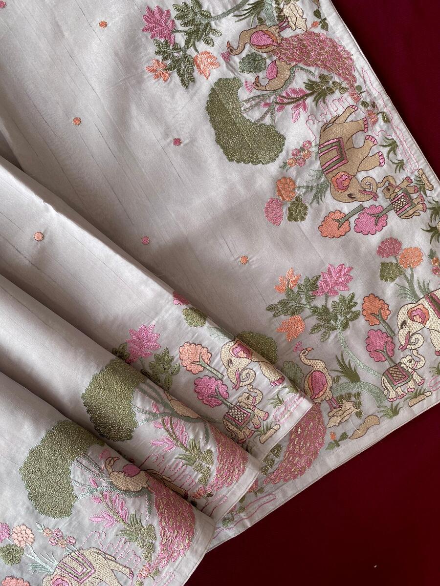 Redolent Off White Embroidery Work Tussar Silk Saree With Petrichor Blouse Piece