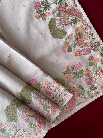 Redolent Off White Embroidery Work Tussar Silk Saree With Petrichor Blouse Piece