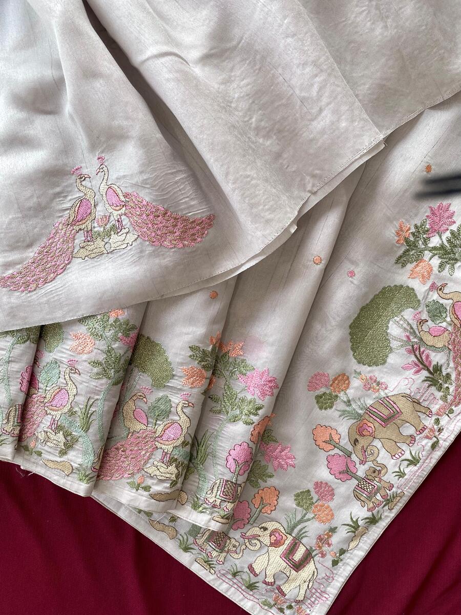 Redolent Off White Embroidery Work Tussar Silk Saree With Petrichor Blouse Piece