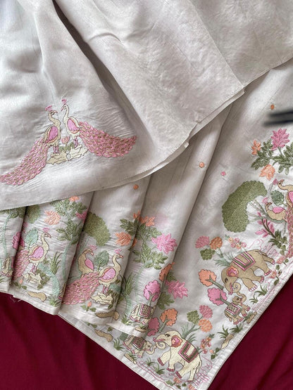 Redolent Off White Embroidery Work Tussar Silk Saree With Petrichor Blouse Piece