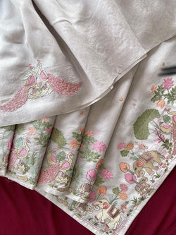 Redolent Off White Embroidery Work Tussar Silk Saree With Petrichor Blouse Piece