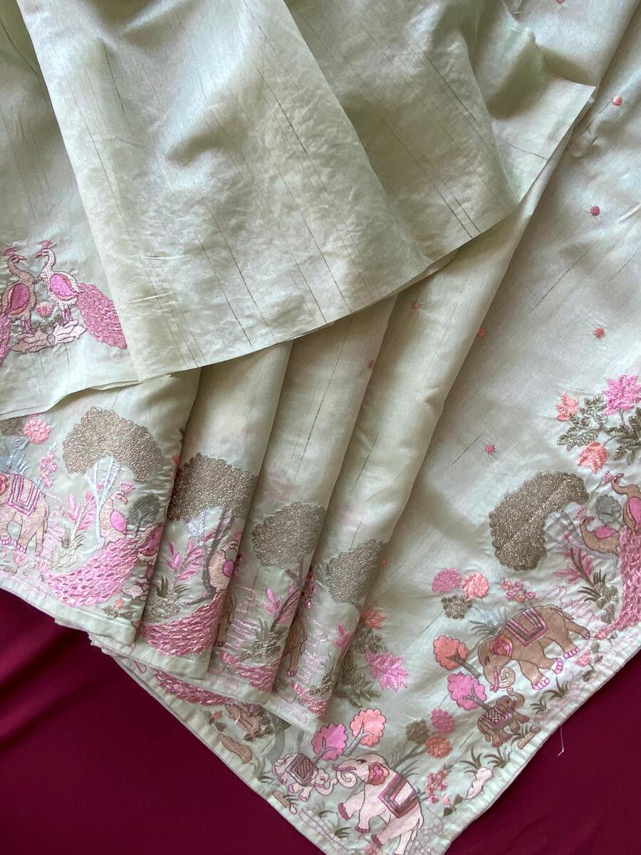 Panache Pista Embroidery Work Tussar Silk Saree With Angelic Blouse Piece