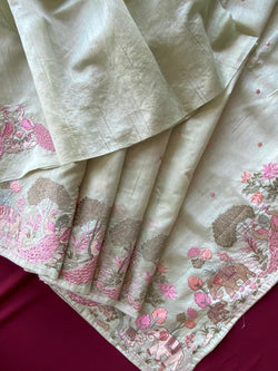 Panache Pista Embroidery Work Tussar Silk Saree With Angelic Blouse Piece