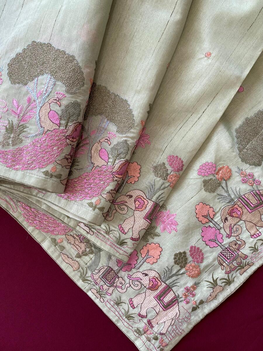 Panache Pista Embroidery Work Tussar Silk Saree With Angelic Blouse Piece