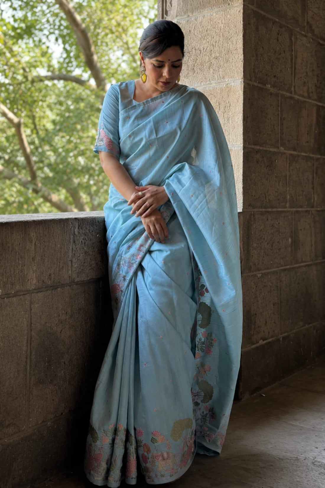 Rajshri Deshpande In Sky Embroidery Work Saree