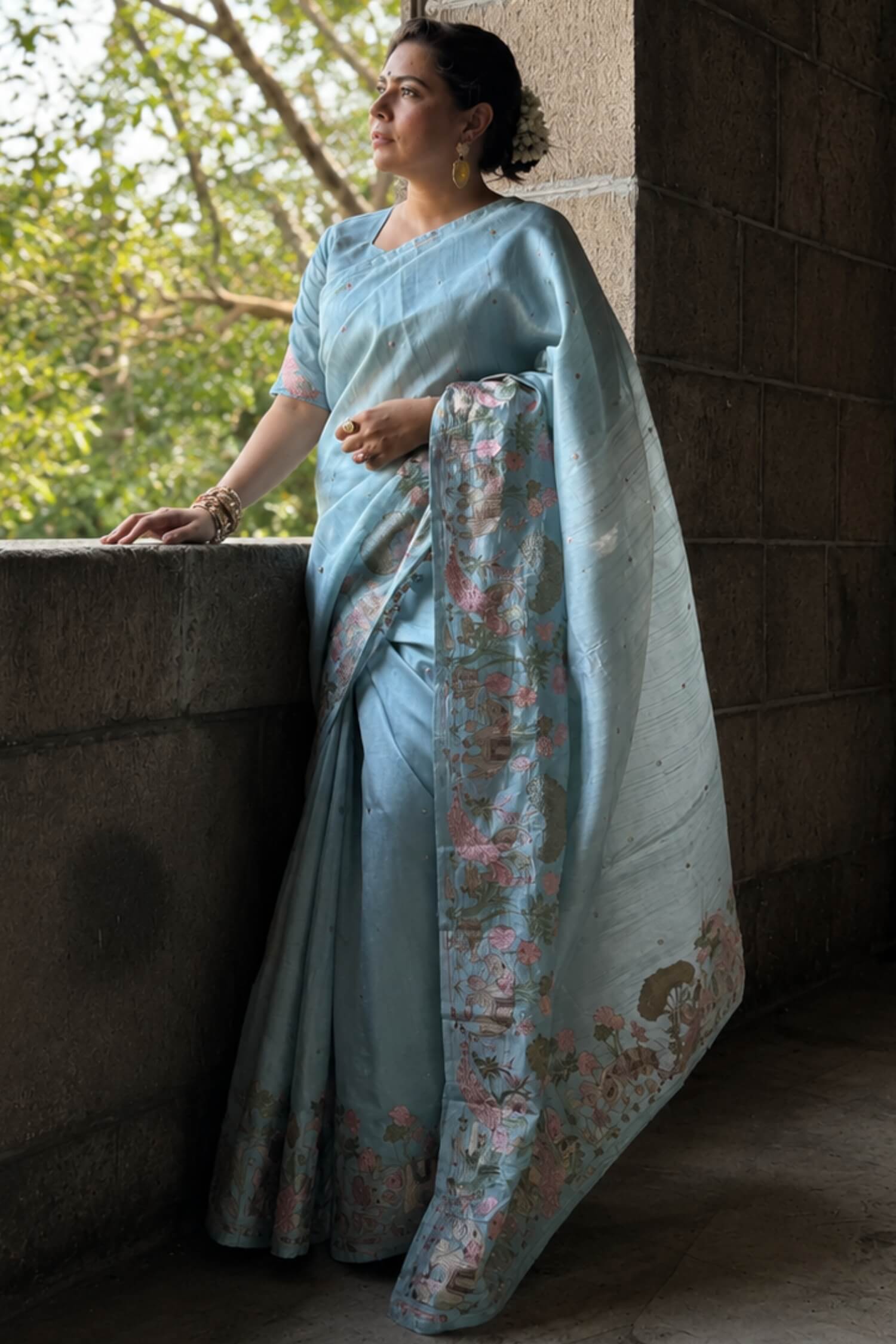 Rajshri Deshpande In Sky Embroidery Work Saree