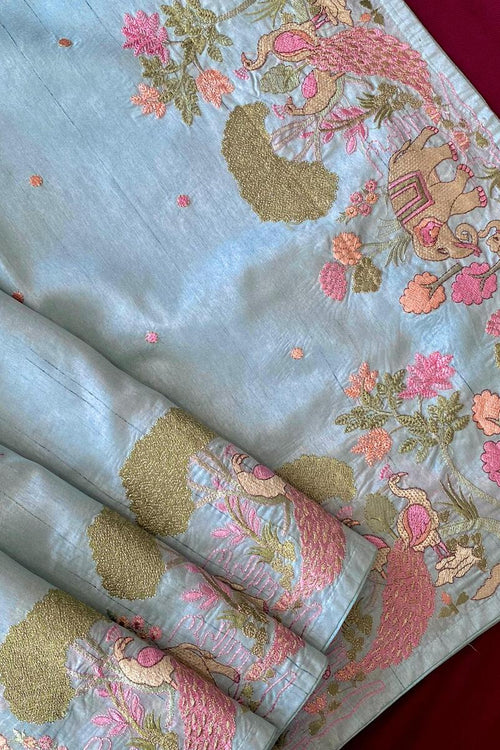 Load image into Gallery viewer, Blissful Sky Embroidery Work Tussar Silk Saree With Vibrant Blouse Piece
