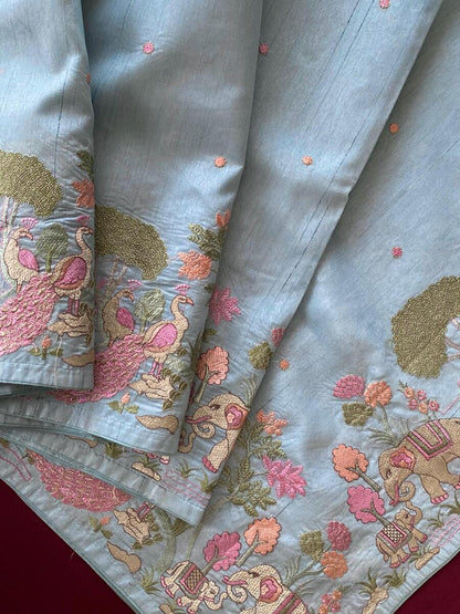 Blissful Sky Embroidery Work Tussar Silk Saree With Vibrant Blouse Piece