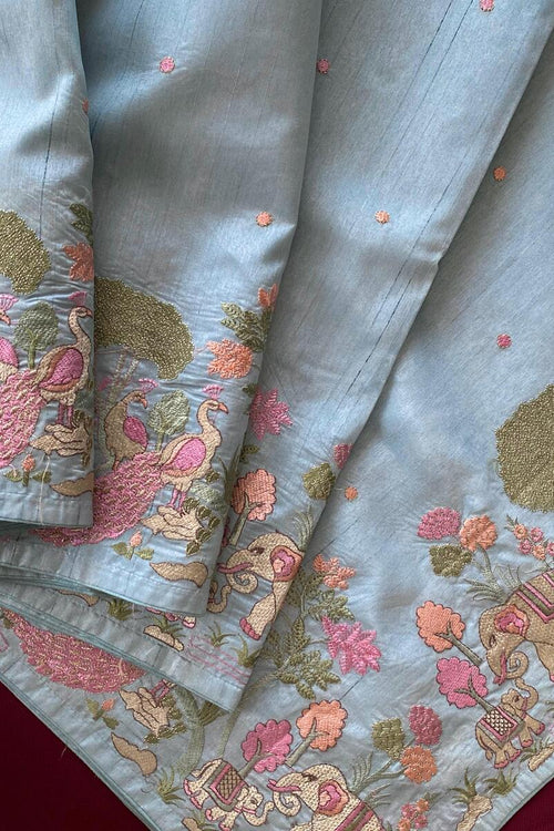 Load image into Gallery viewer, Blissful Sky Embroidery Work Tussar Silk Saree With Vibrant Blouse Piece
