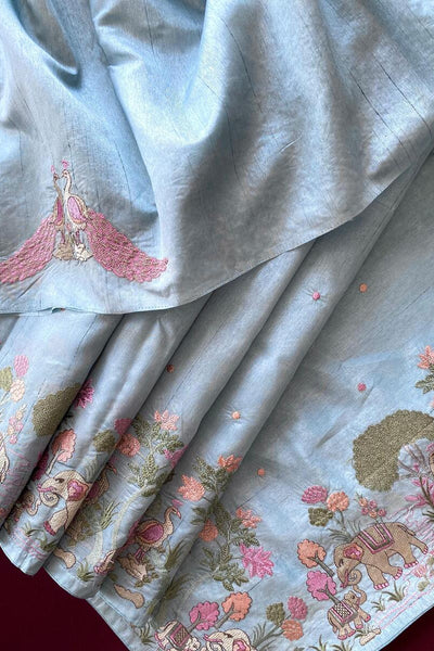 Blissful Sky Embroidery Work Tussar Silk Saree With Vibrant Blouse Piece