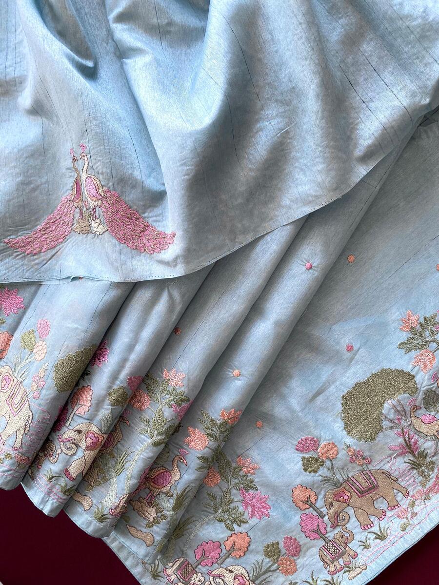 Blissful Sky Embroidery Work Tussar Silk Saree With Vibrant Blouse Piece