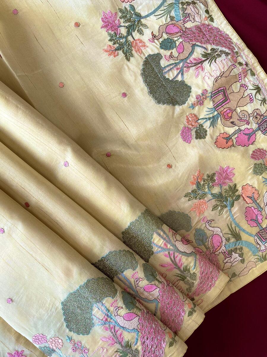 Gleaming Yellow Embroidery Work Tussar Silk Saree With Entrancing Blouse Piece