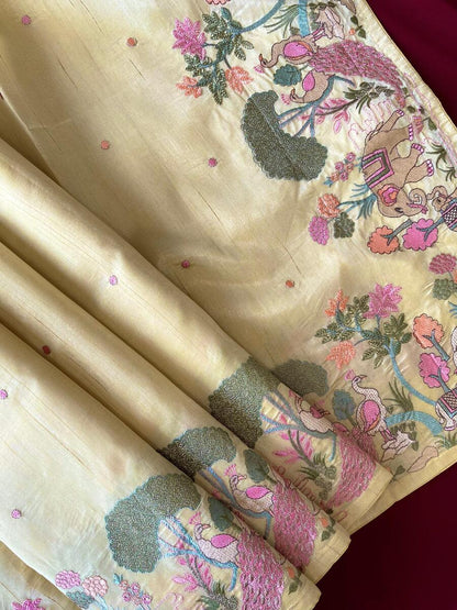 Gleaming Yellow Embroidery Work Tussar Silk Saree With Entrancing Blouse Piece