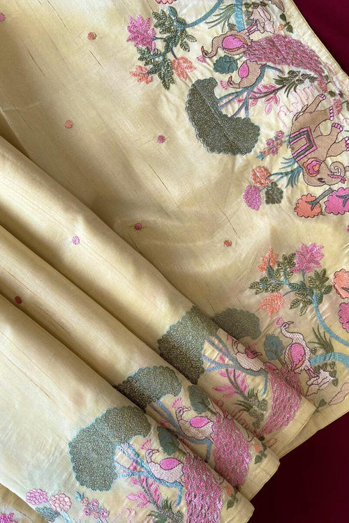 Load image into Gallery viewer, Gleaming Yellow Embroidery Work Tussar Silk Saree With Entrancing Blouse Piece
