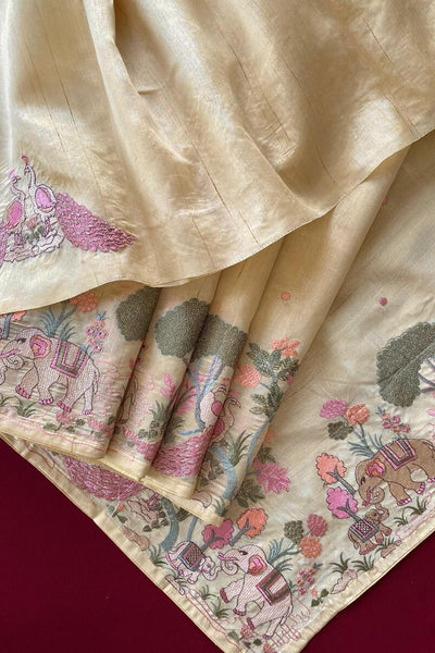 Gleaming Yellow Embroidery Work Tussar Silk Saree With Entrancing Blouse Piece